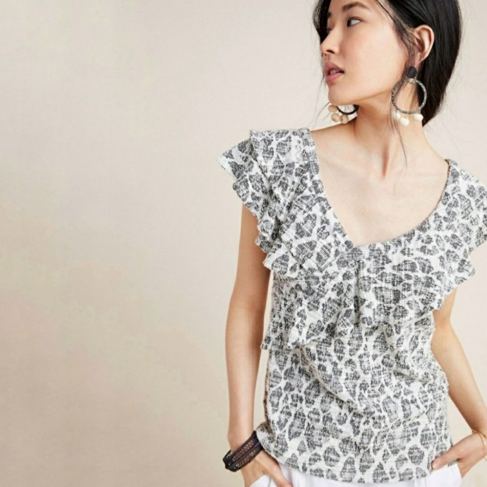 NWT Dolan Anthropologie Asymmetrical Tweed Black and White Ruffle Tank Top Small